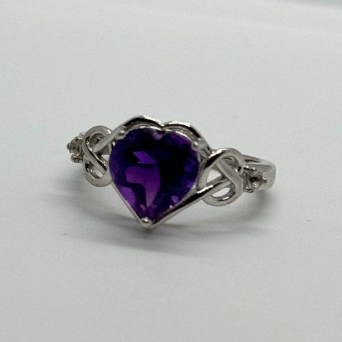 925 Sterling Silver Amethyst & Goshenite Heart Ring Size 6