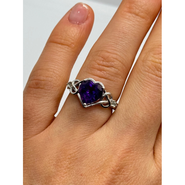925 Sterling Silver Amethyst & Goshenite Heart Ring Size 6