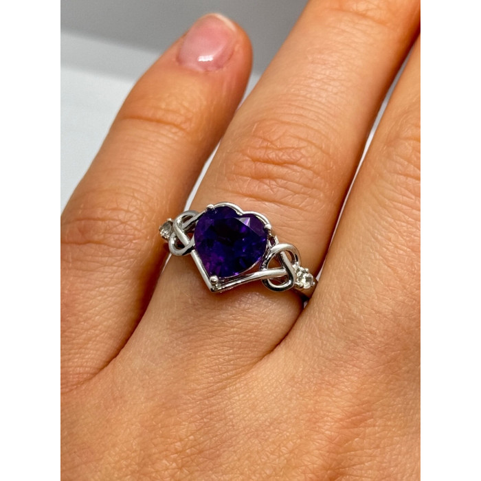 925 Sterling Silver Amethyst & Goshenite Heart Ring Size 6