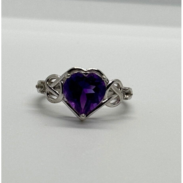 925 Sterling Silver Amethyst & Goshenite Heart Ring Size 6