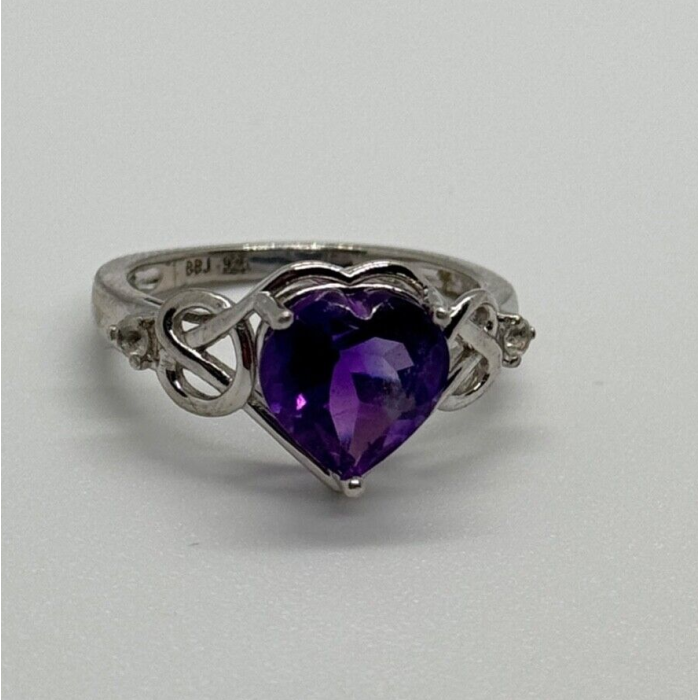 925 Sterling Silver Amethyst & Goshenite Heart Ring Size 6
