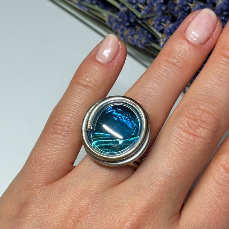 Modern Art Design Blue CZ Ring Size 6