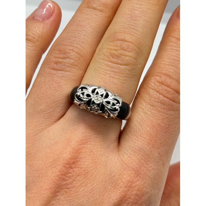 925 Sterling Silver Black Agate & Diamonds Ring Size 7.5