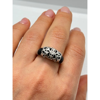 925 Sterling Silver Black Agate & Diamonds Ring Size 7.5