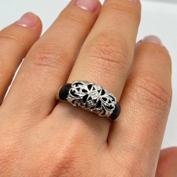 925 Sterling Silver Black Agate & Diamonds Ring Size 7.5