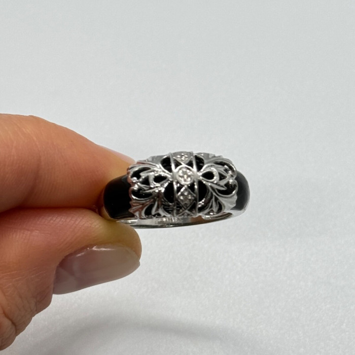 925 Sterling Silver Black Agate & Diamonds Ring Size 7.5