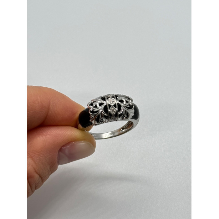 925 Sterling Silver Black Agate & Diamonds Ring Size 7.5