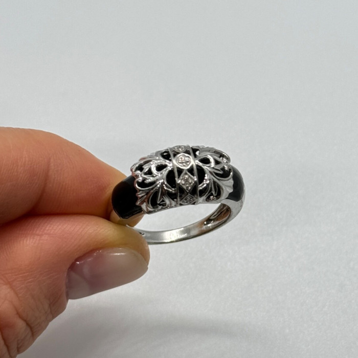 925 Sterling Silver Black Agate & Diamonds Ring Size 7.5