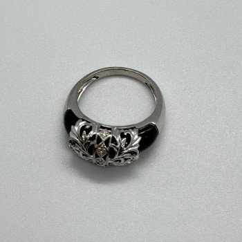 925 Sterling Silver Black Agate & Diamonds Ring Size 7.5