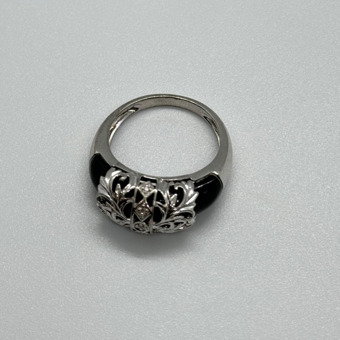 925 Sterling Silver Black Agate & Diamonds Ring Size 7.5