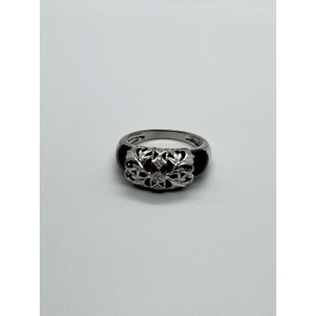 925 Sterling Silver Black Agate & Diamonds Ring Size 7.5