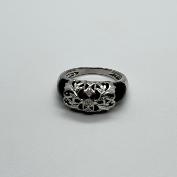 925 Sterling Silver Black Agate & Diamonds Ring Size 7.5