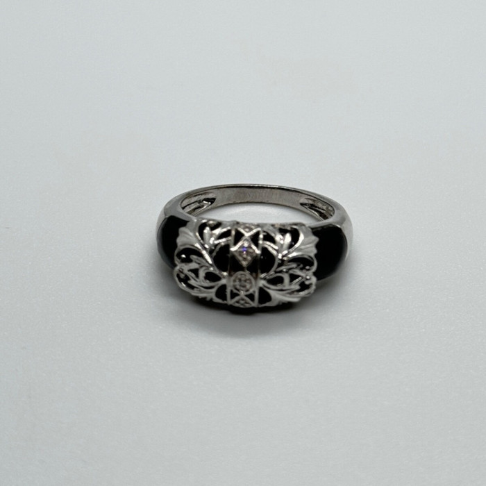 925 Sterling Silver Black Agate & Diamonds Ring Size 7.5