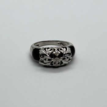 925 Sterling Silver Black Agate & Diamonds Ring Size 7.5