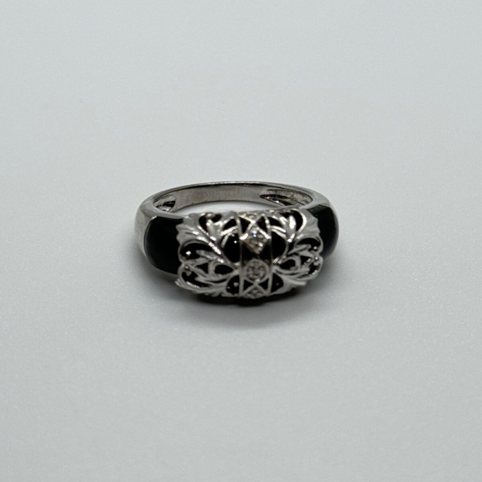 925 Sterling Silver Black Agate & Diamonds Ring Size 7.5