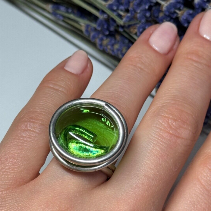 Modern Art Design Green CZ Ring Size 6