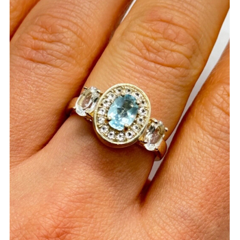 925 Sterling Silver Blue & White Topaz Ring Size 7.5
