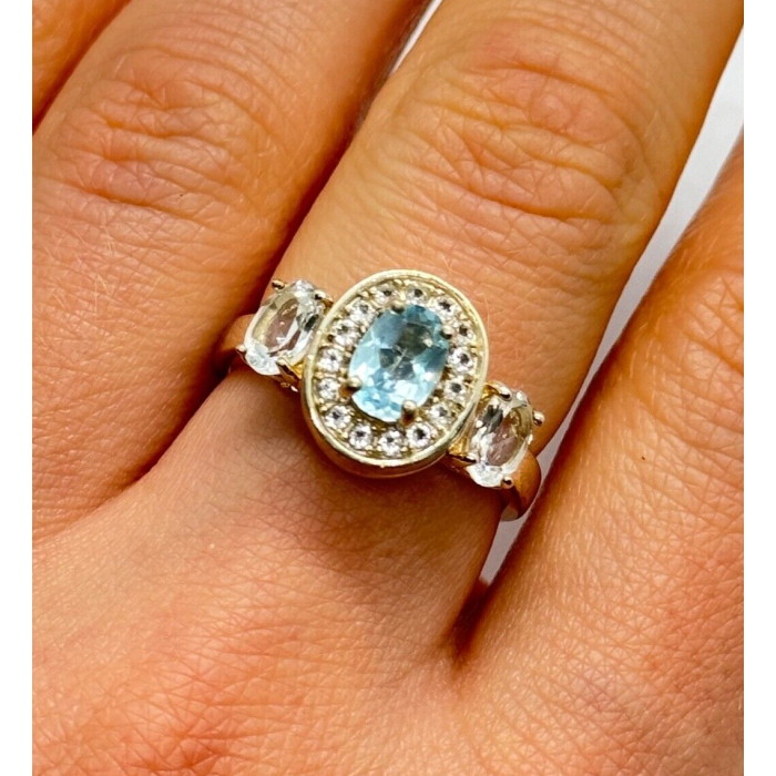 925 Sterling Silver Blue & White Topaz Ring Size 7.5