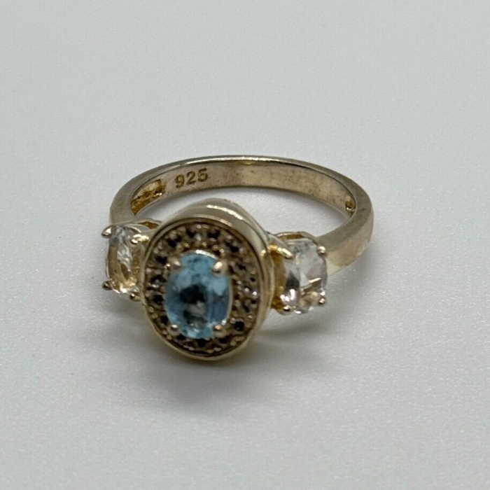 925 Sterling Silver Blue & White Topaz Ring Size 7.5