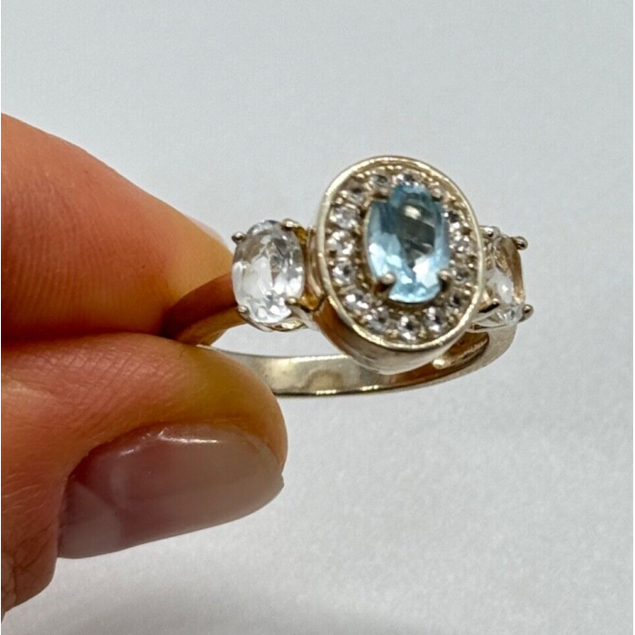 925 Sterling Silver Blue & White Topaz Ring Size 7.5