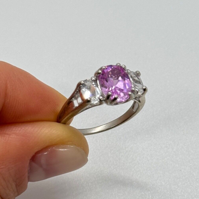 925 Sterling Silver Pink & White Spinel Ring Size 6