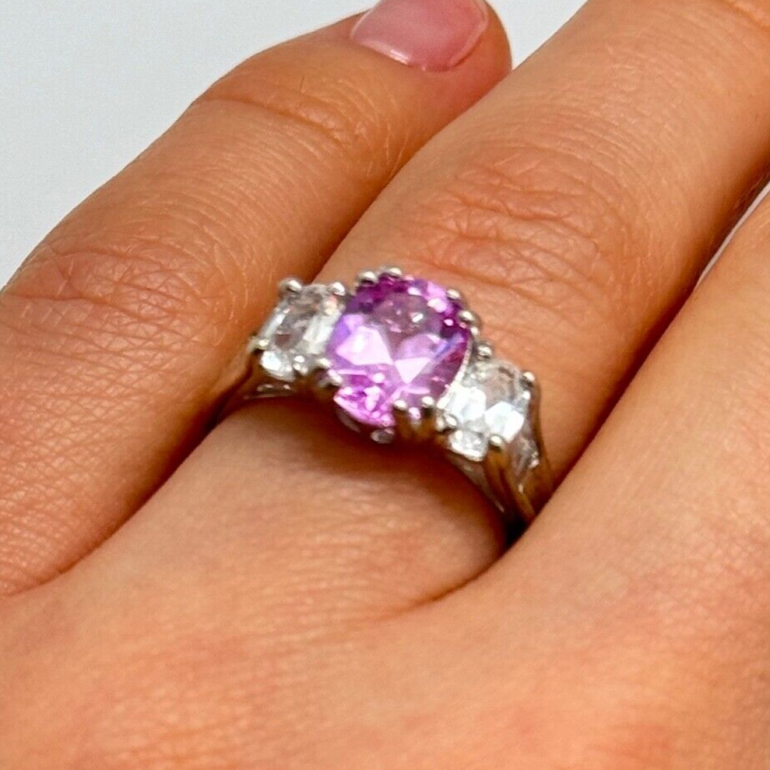 925 Sterling Silver Pink & White Spinel Ring Size 6