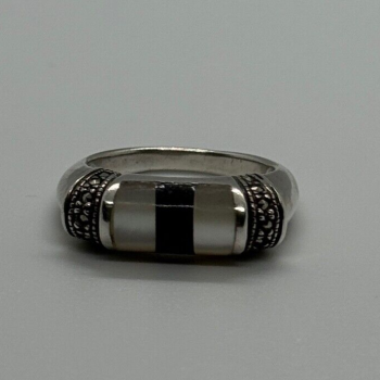 925 Sterling Silver Abalone, Enamel & Marcasite Ring Size 7