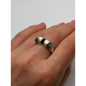 925 Sterling Silver Abalone, Enamel & Marcasite Ring Size 7