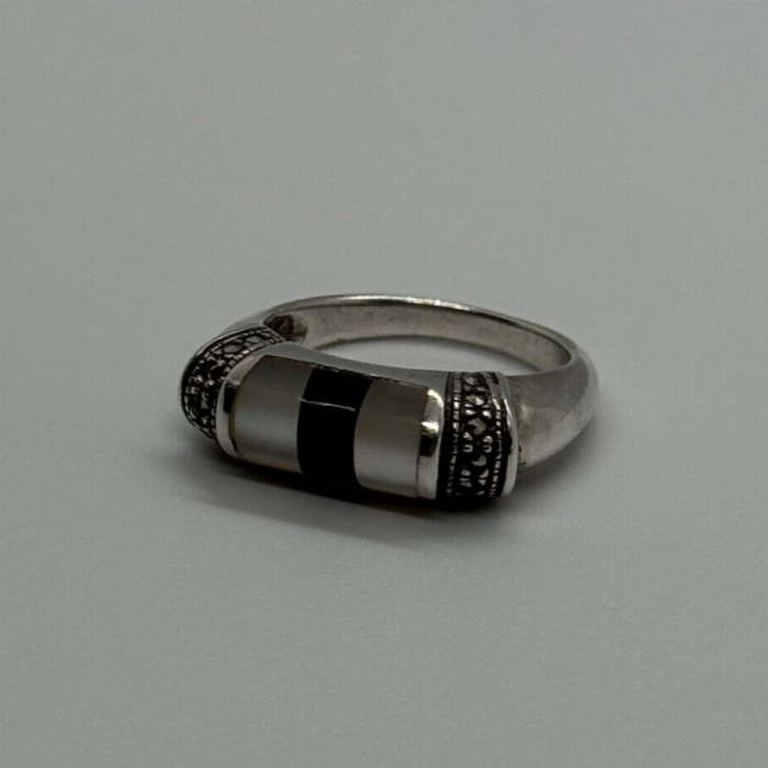 925 Sterling Silver Abalone, Enamel & Marcasite Ring Size 7