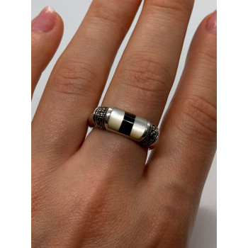 925 Sterling Silver Abalone, Enamel & Marcasite Ring Size 7