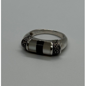 925 Sterling Silver Abalone, Enamel & Marcasite Ring Size 7