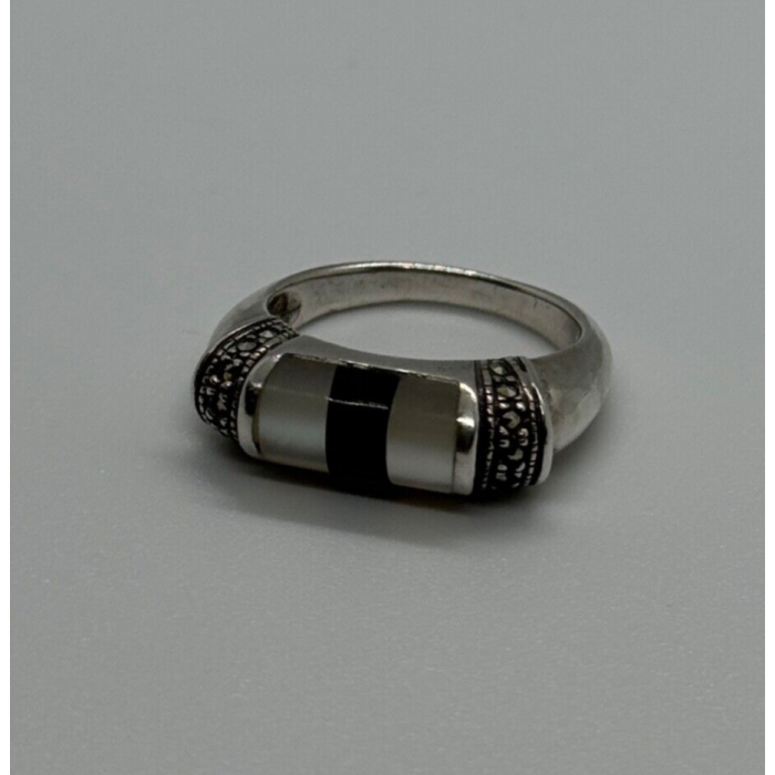 925 Sterling Silver Abalone, Enamel & Marcasite Ring Size 7