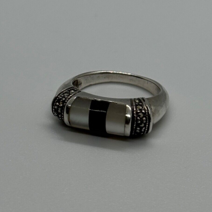 925 Sterling Silver Abalone, Enamel & Marcasite Ring Size 7