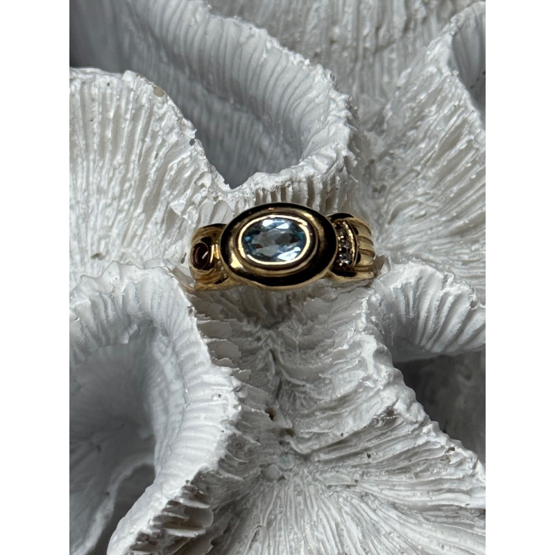 925 Sterling Silver Gold Plated Aquamarine, Garnet & CZ Ring Size 4