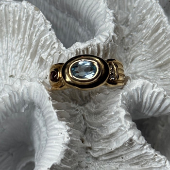 925 Sterling Silver Gold Plated Aquamarine, Garnet & CZ Ring Size 4