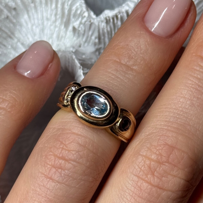 925 Sterling Silver Gold Plated Aquamarine, Garnet & CZ Ring Size 4
