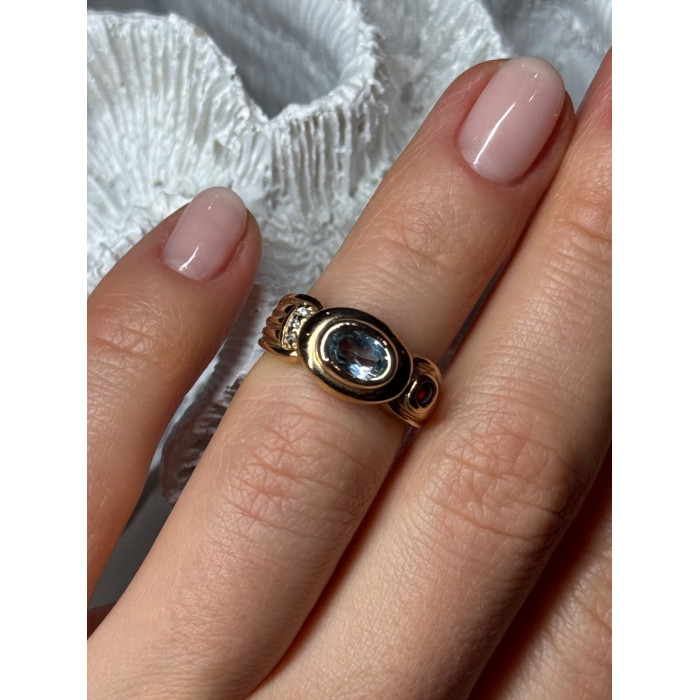 925 Sterling Silver Gold Plated Aquamarine, Garnet & CZ Ring Size 4