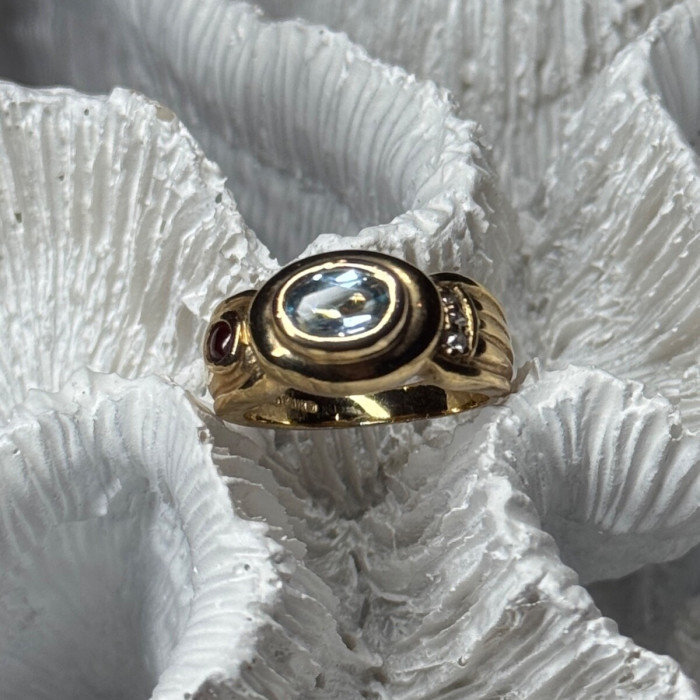 925 Sterling Silver Gold Plated Aquamarine, Garnet & CZ Ring Size 4