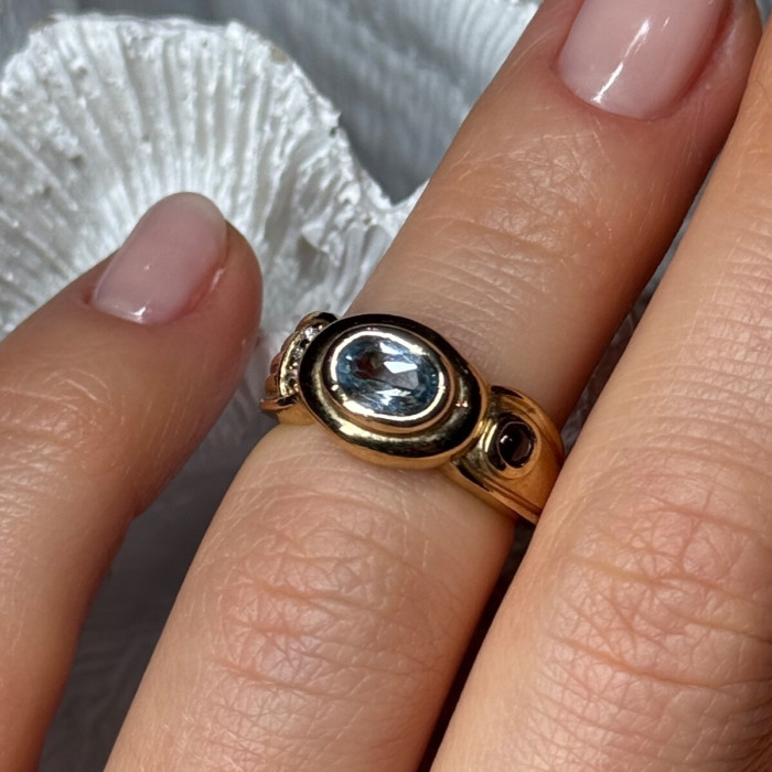 925 Sterling Silver Gold Plated Aquamarine, Garnet & CZ Ring Size 4