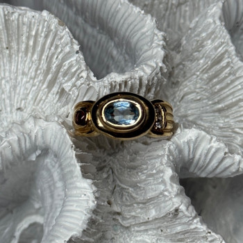 925 Sterling Silver Gold Plated Aquamarine, Garnet & CZ Ring Size 4