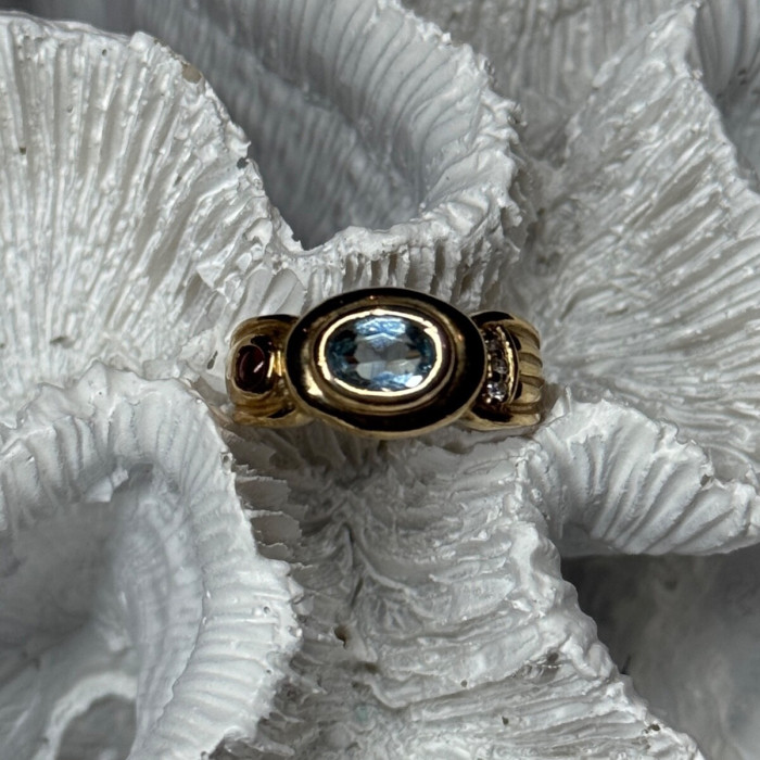 925 Sterling Silver Gold Plated Aquamarine, Garnet & CZ Ring Size 4