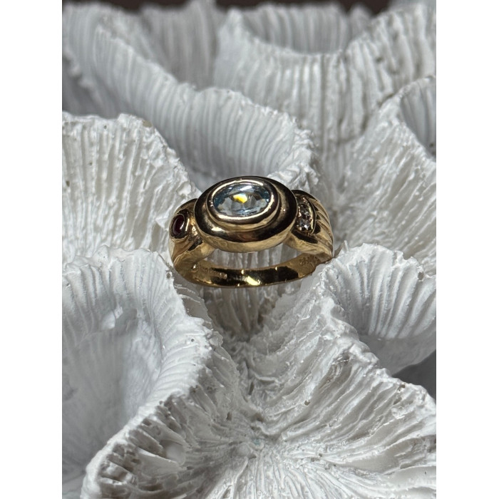 925 Sterling Silver Gold Plated Aquamarine, Garnet & CZ Ring Size 4