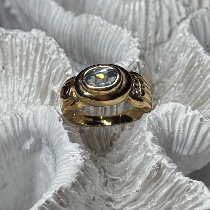 925 Sterling Silver Gold Plated Aquamarine, Garnet & CZ Ring Size 4