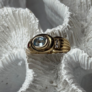 925 Sterling Silver Gold Plated Aquamarine, Garnet & CZ Ring Size 4