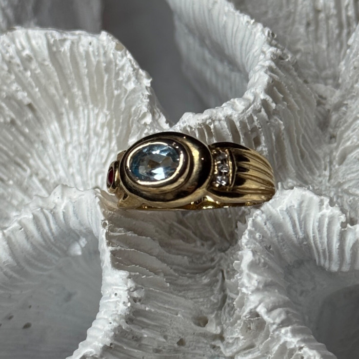 925 Sterling Silver Gold Plated Aquamarine, Garnet & CZ Ring Size 4