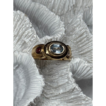 925 Sterling Silver Gold Plated Aquamarine, Garnet & CZ Ring Size 4