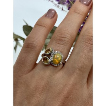 925 Sterling Silver Opal, Heliodor & CZ Ring Size 6