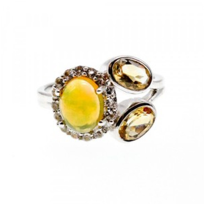 925 Sterling Silver Opal, Heliodor & CZ Ring Size 6