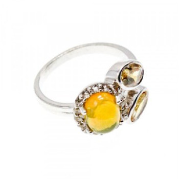 925 Sterling Silver Opal, Heliodor & CZ Ring Size 6