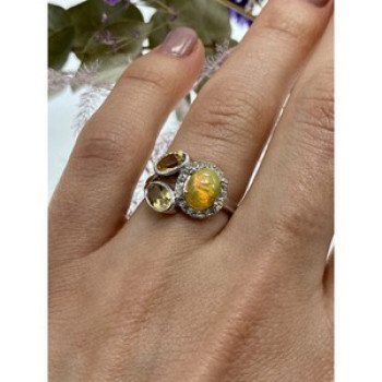 925 Sterling Silver Opal, Heliodor & CZ Ring Size 6